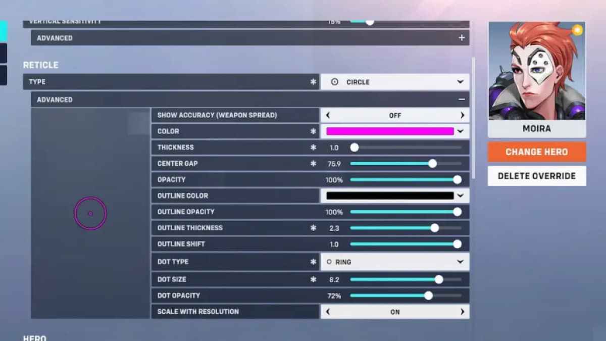 The best crosshair settings in Overwatch 2 for Moira.