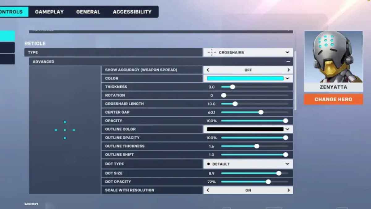 The best crosshair settings in Overwatch 2 for Zenyatta.