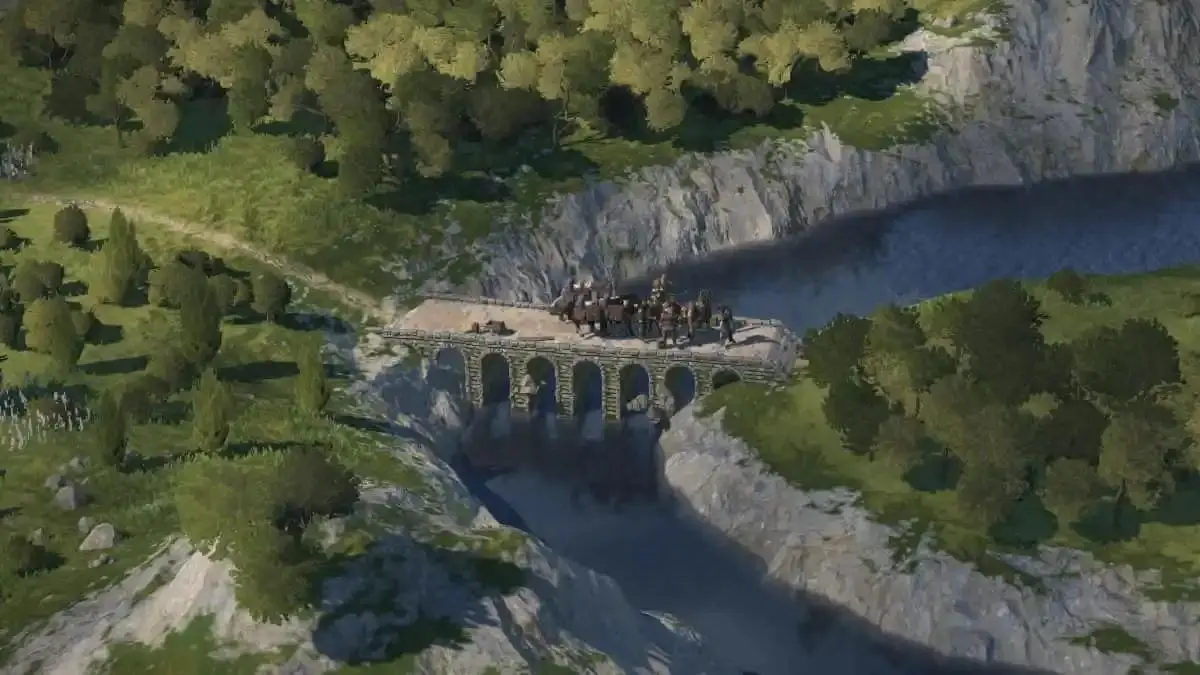 Squad of troops on a bridge in Wartales.