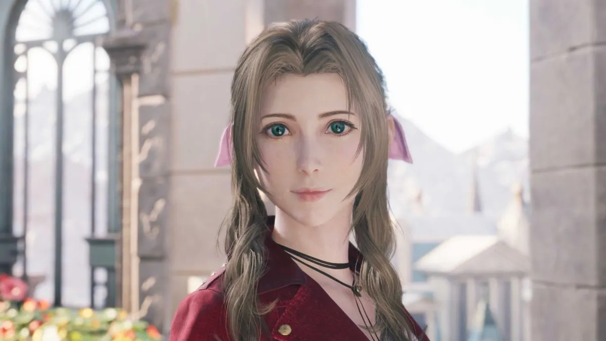 Aerith looking at the player on top of the tower in Kalm town in FF7 Rebirth