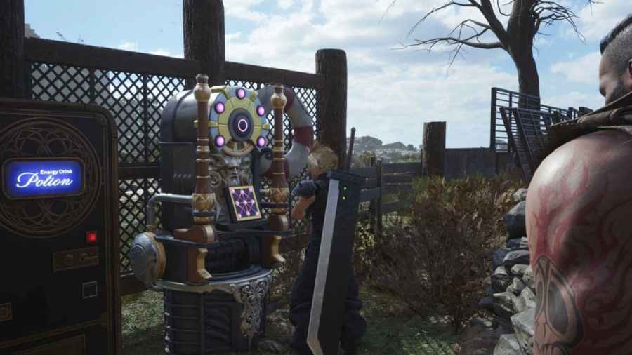 Cloud in front of the Folio machine in FF7 Rebirth