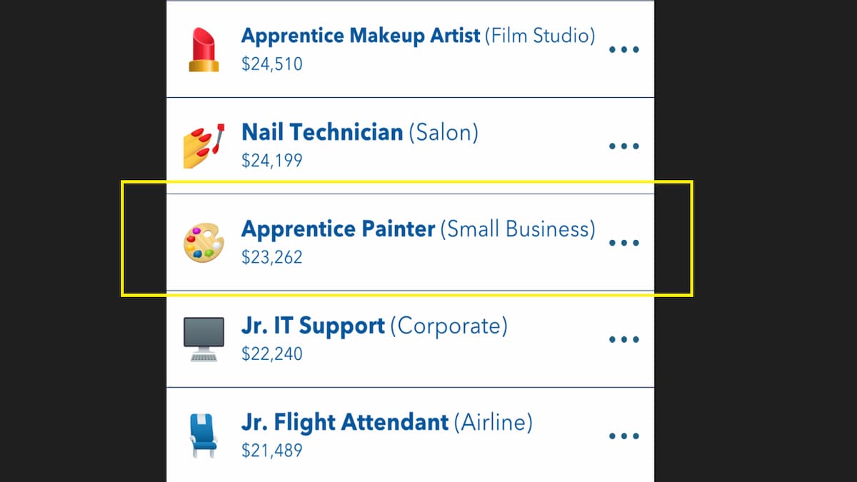 An Apprentice painter vacancy in BitLife Job menu
