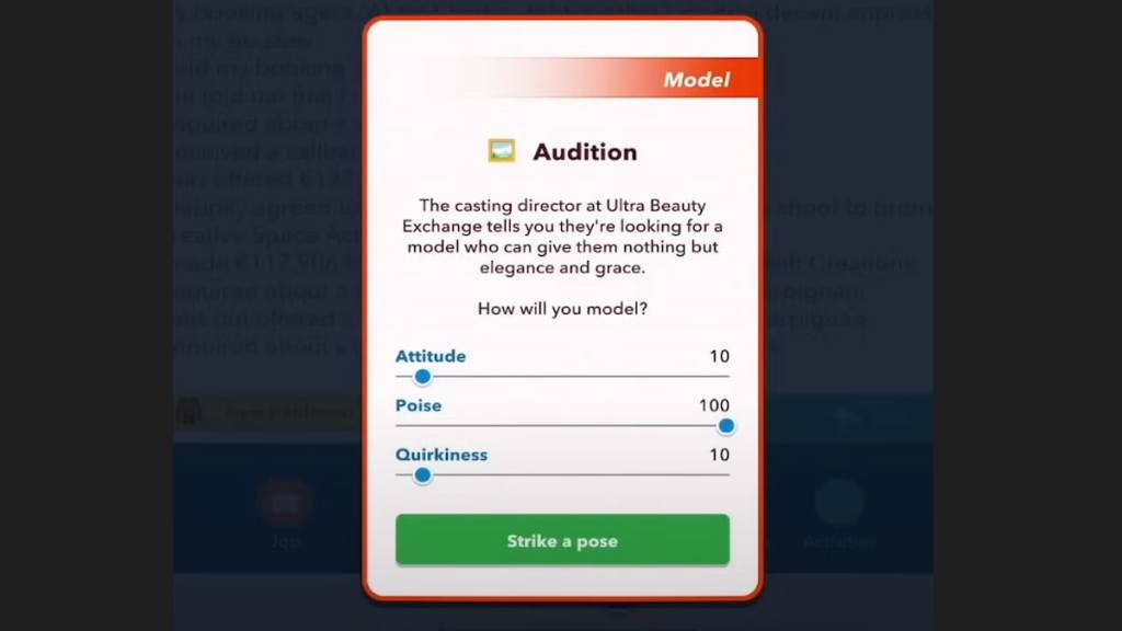 Bitlife model answers for an audition in Scenario 1