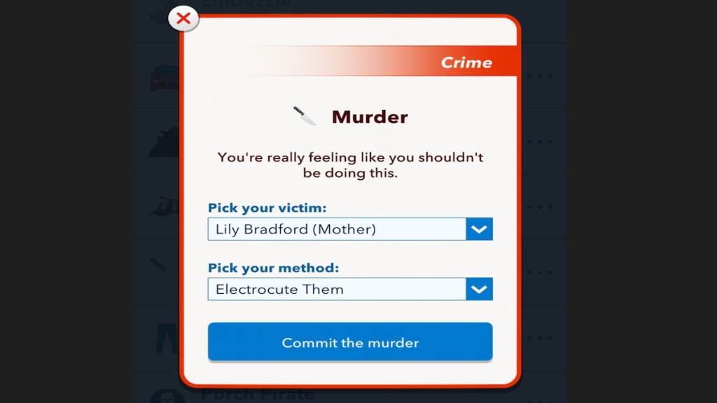 The murder menu in Bitlife