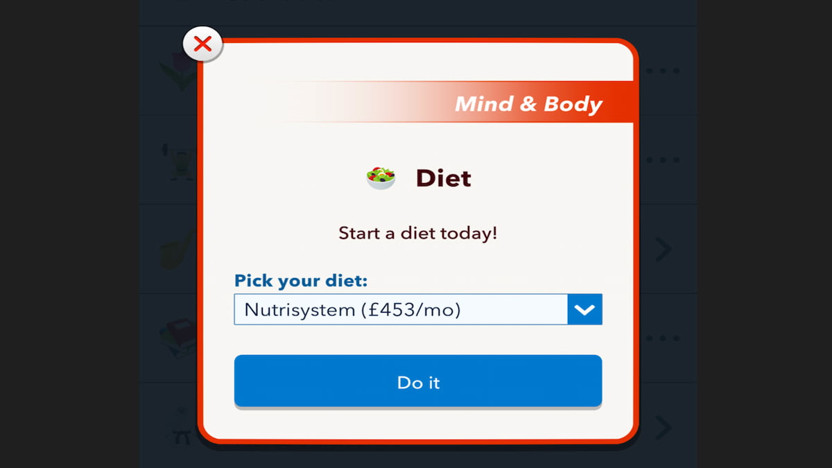 The BitLife Diet menu