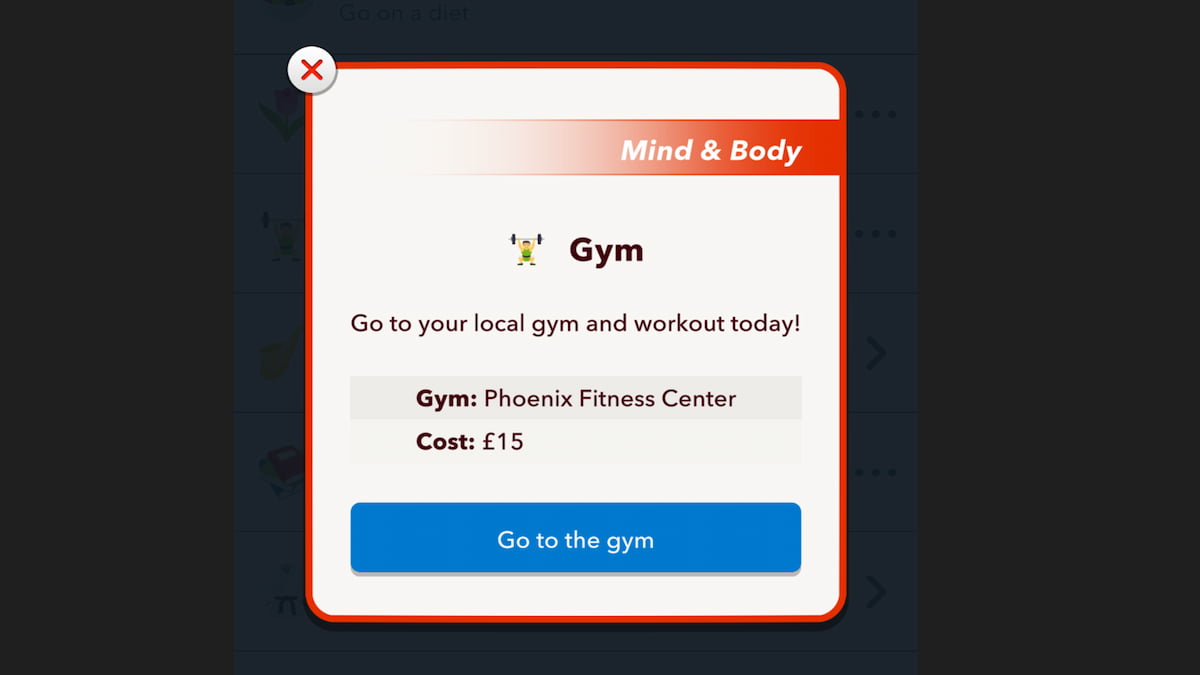 The BitLife Gym menu