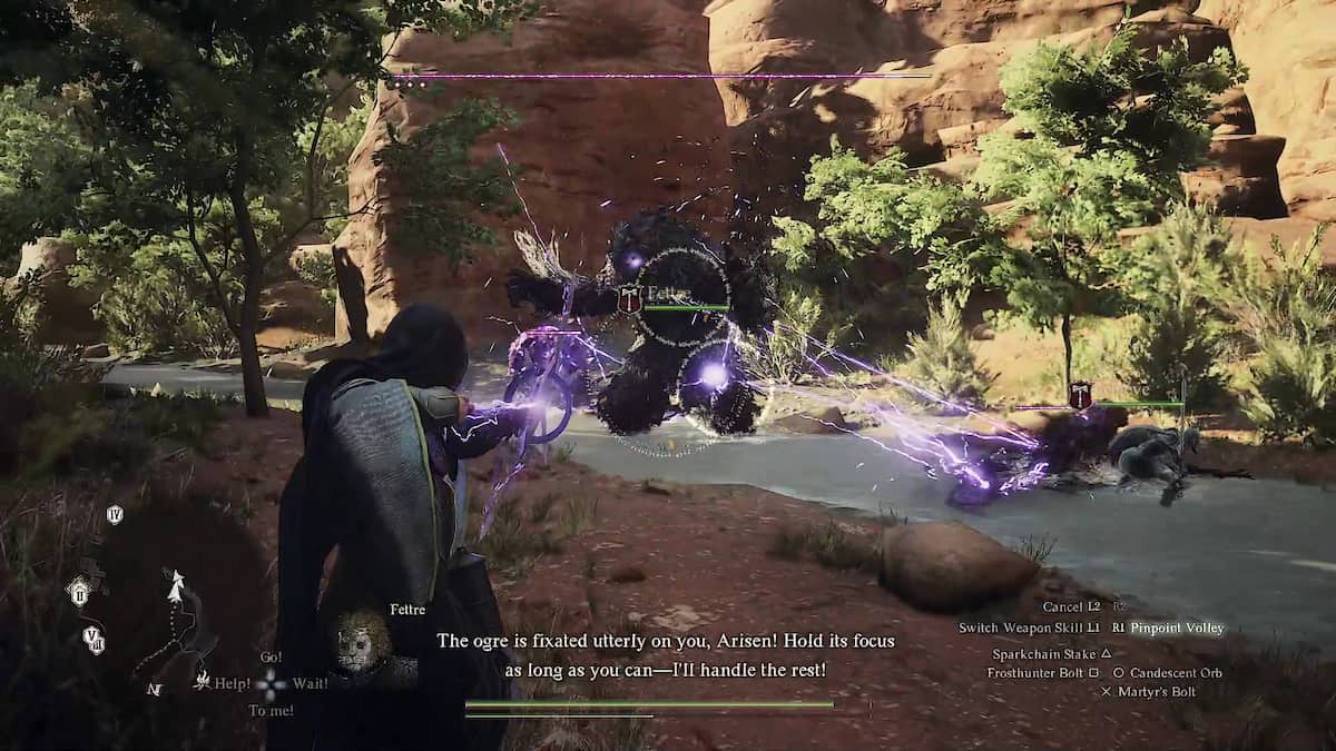 Magick Archer using Boltchain Stake in combat against Ogre and Poisonous Saurian.