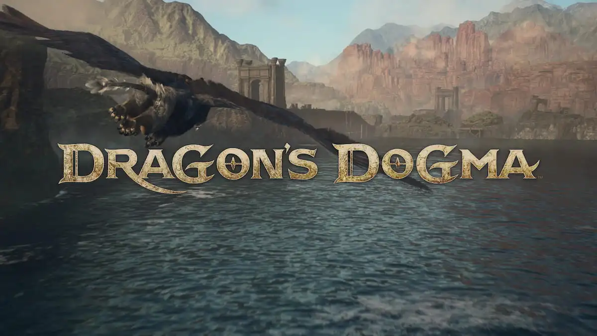 Dragon's Dogma title over a lake with a griffon flying
