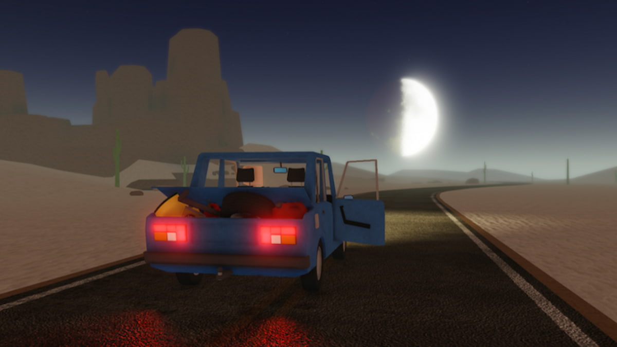A blue car revving in desert of A Dusty Trip