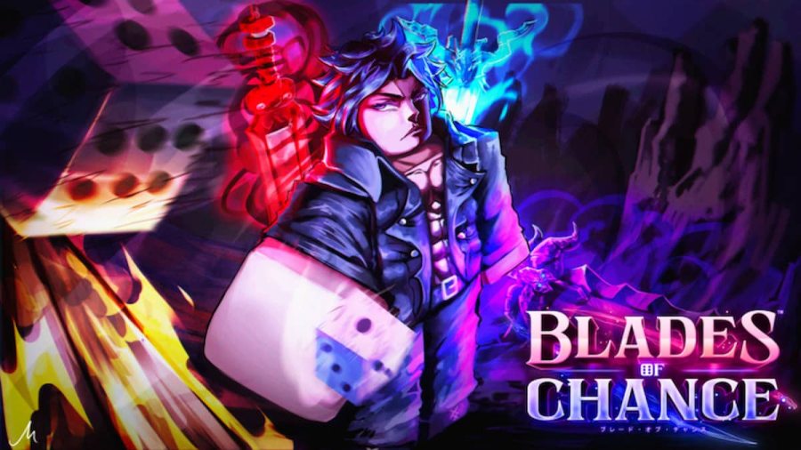A guy equiped with several Sword Auras and holding a dice in Blades of Chance