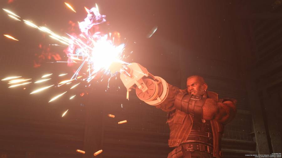 Barret using his gatling gun in FF7 Rebirth