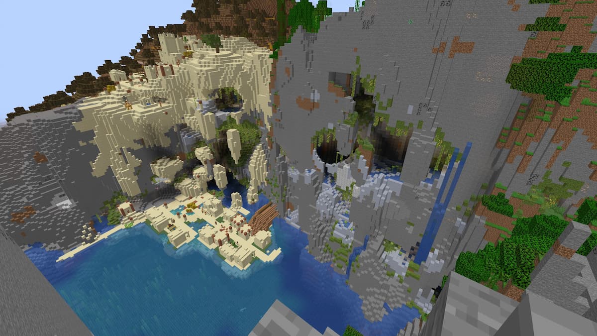A cove with a Lush Cave and a shipwreck in a Desert Village.