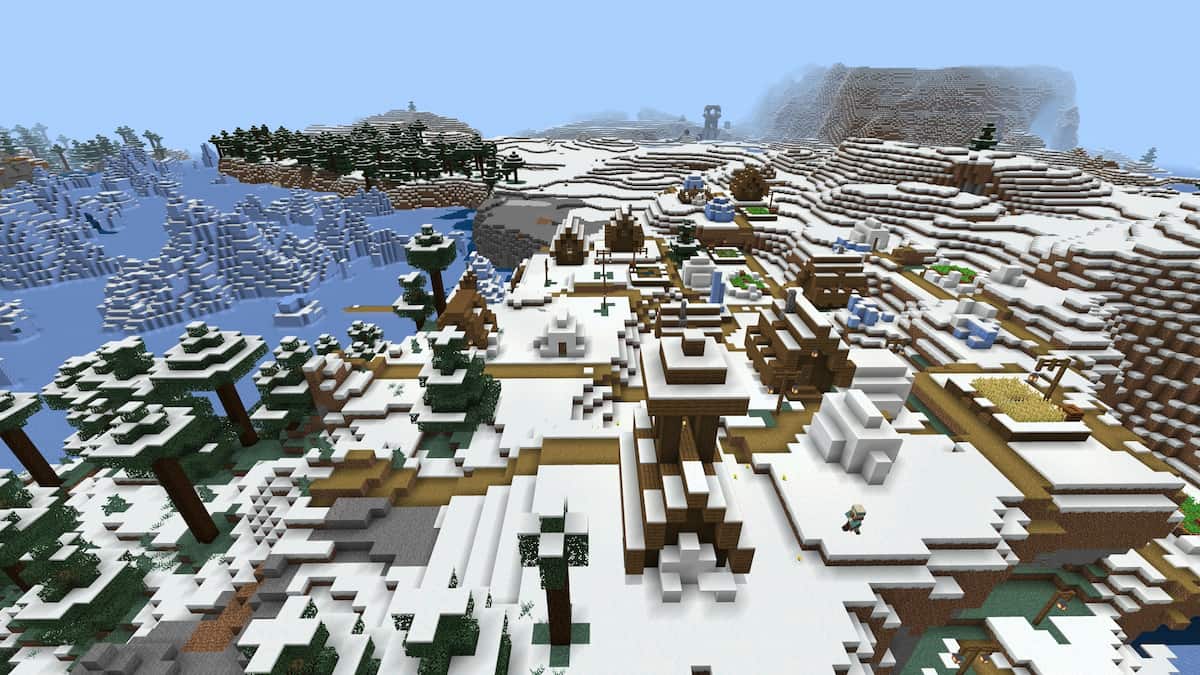 A Snowy Village that has merged with an Ice Spikes biomes and a Pillager Outpost in the distance.