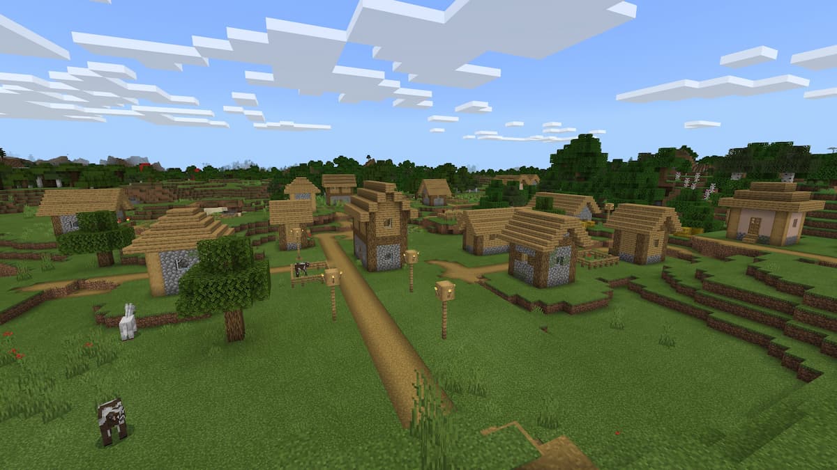 A large Plains Village centered at the start of this Minecraft world.