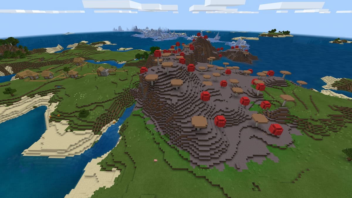 A Mushroom Fields biome combining with a Plains biome near a village.
