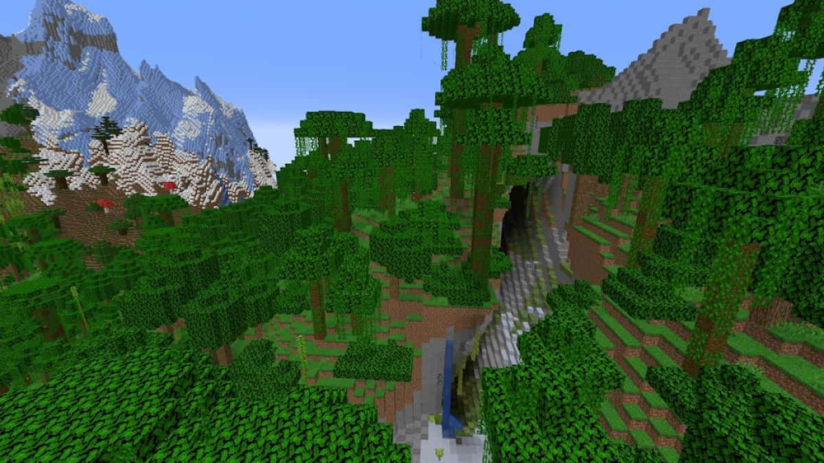 A Lush Cave ravine cutting through a Jungle hill with an icy mountain in the background.