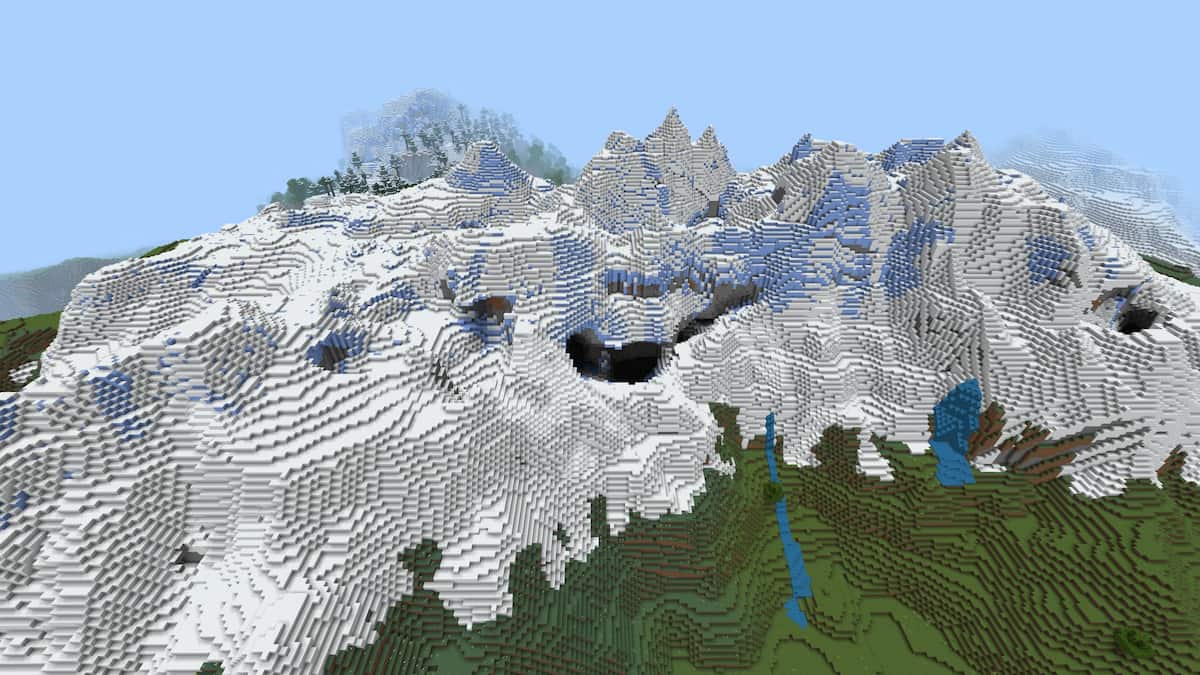 A frozen mountain range filled with caves.