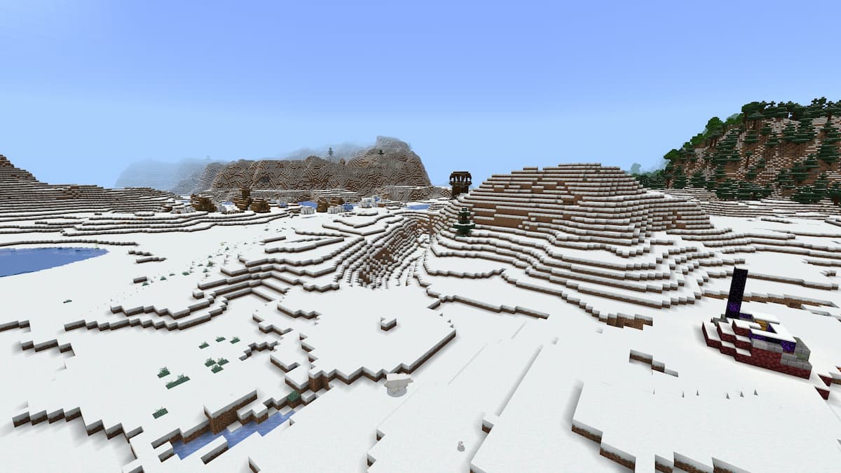 A snowy landscape with a ruined portal, a Snowy Village, and a Pillager Outpost.