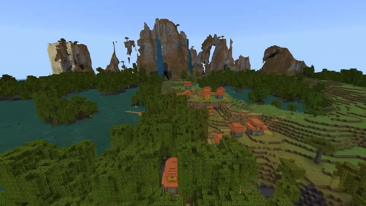 A Mangrove Village in front of a Windswept Hills biome.