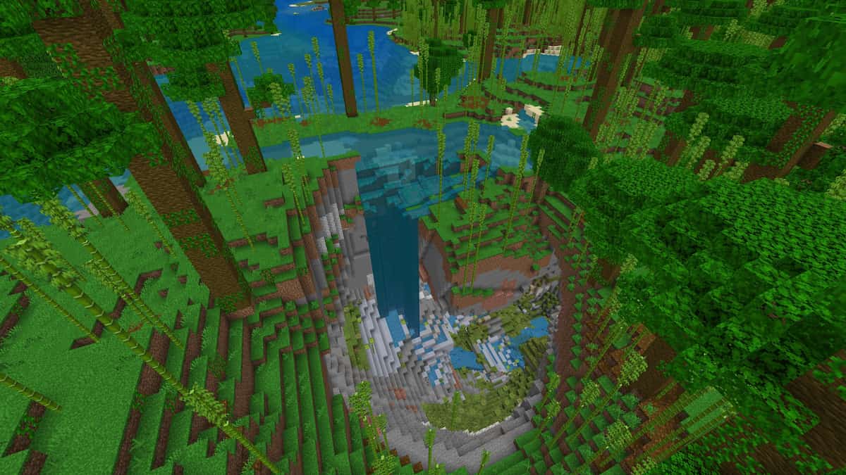 A Bamboo Jungle biome with a large lake and a Lush Cave.