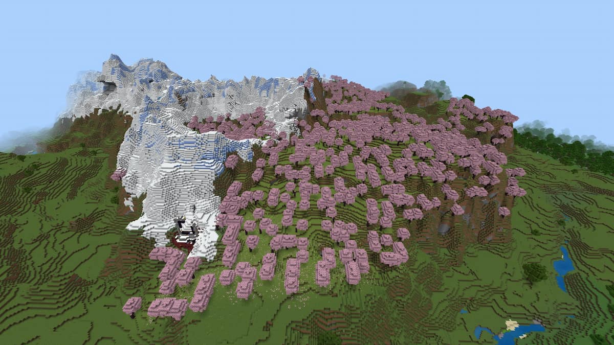 A mountainside covered in cherry trees.