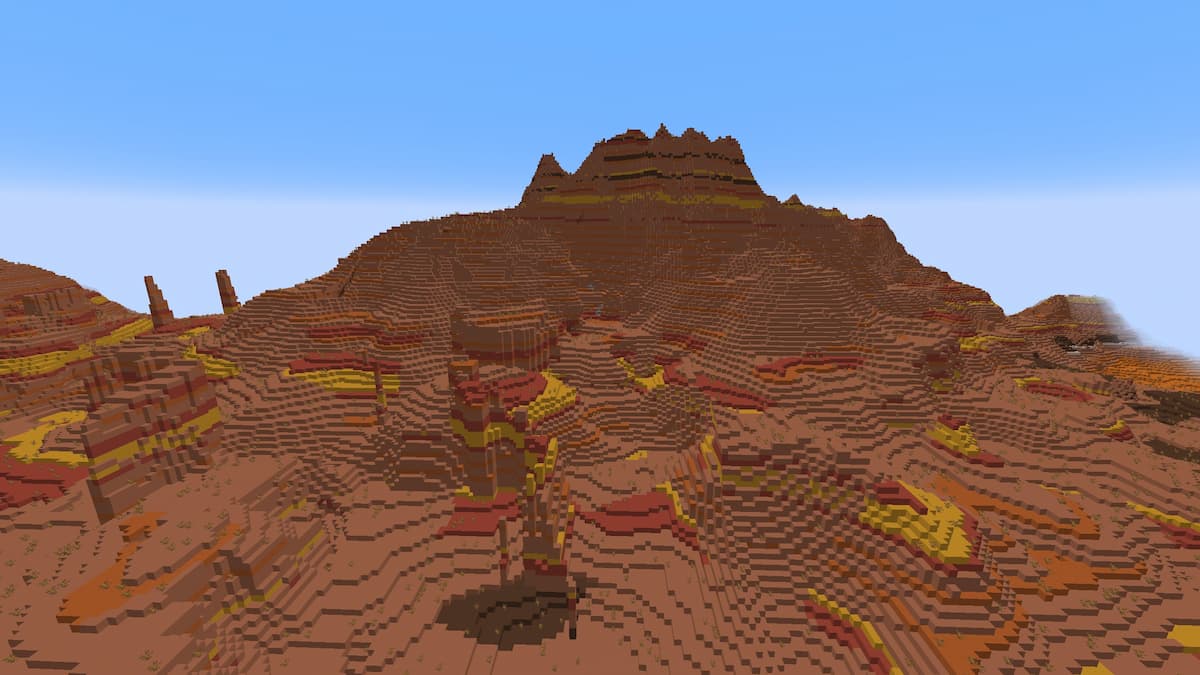 An Eroded Badlands Mountain in Minecraft.