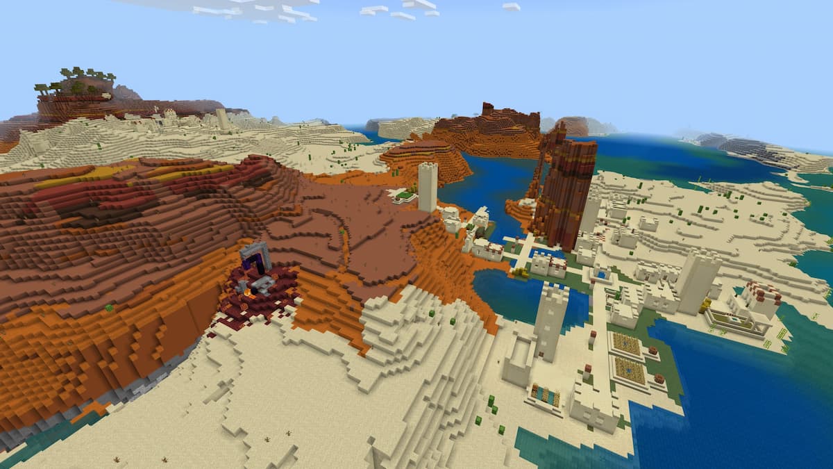 Dos pueblos y un portal en ruinas en un desierto de Minecraft.