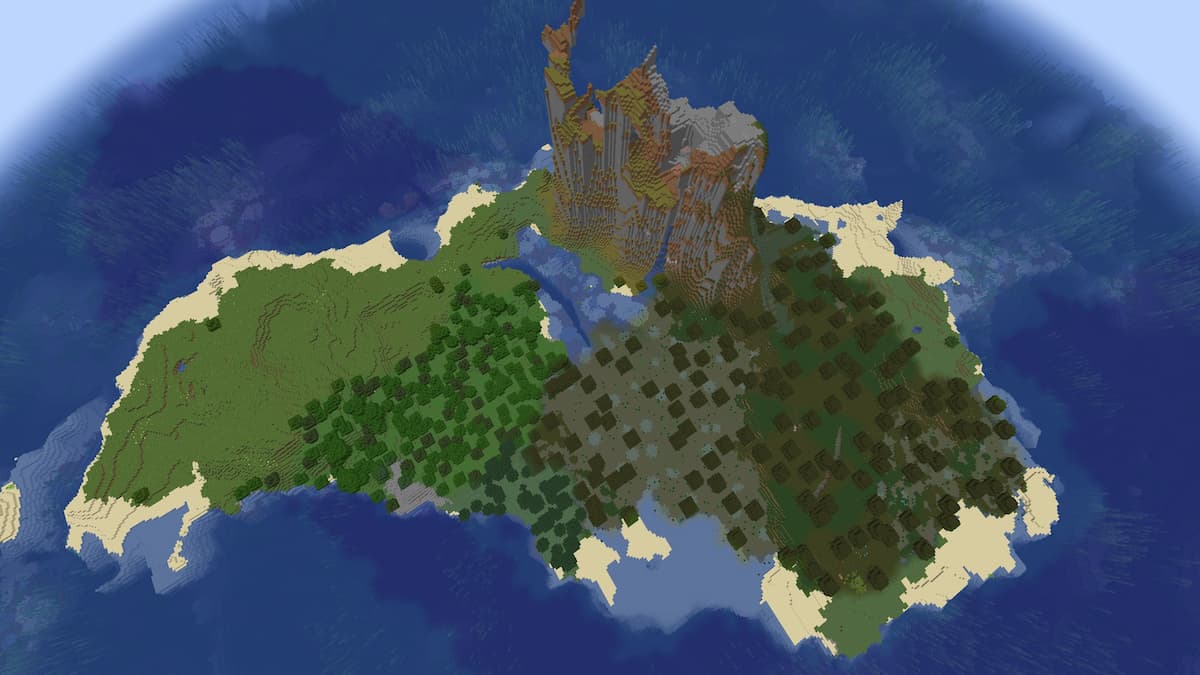 A multi-biome Minecraft Island with a large towering hill.