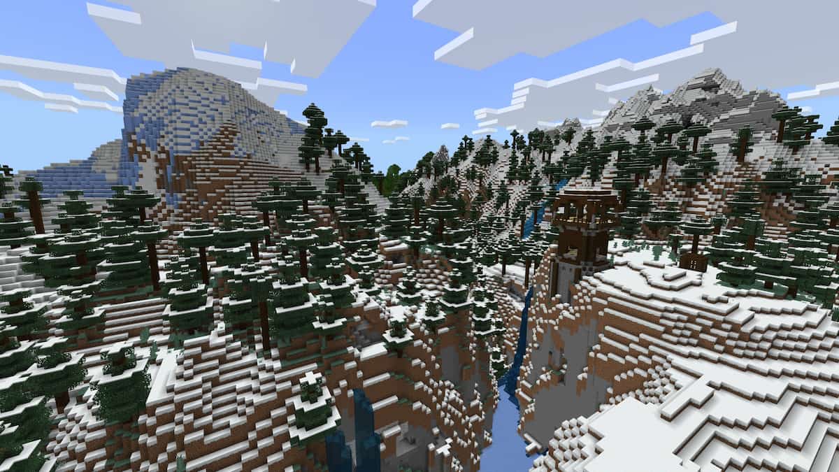 A Pillager Outpost located in a scenic snowy Minecraft landscape.