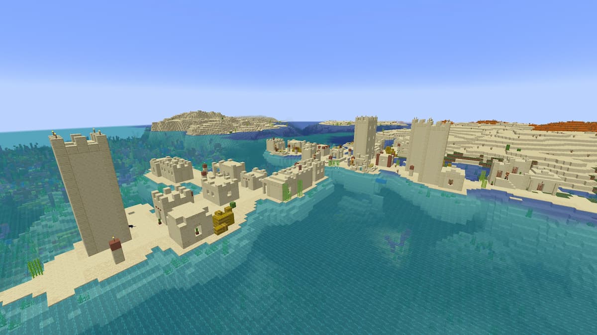 A Desert Village with five towers in Minecraft.
