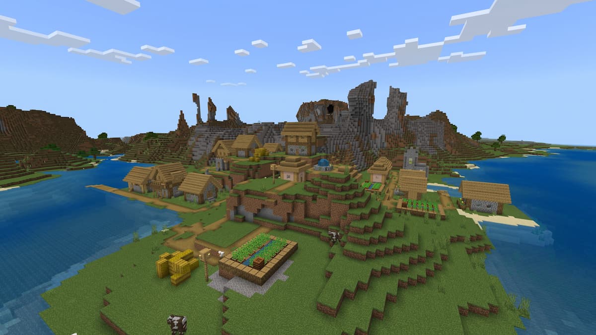 A Minecraft Plains Village next to an ocean and a gravel plateau.