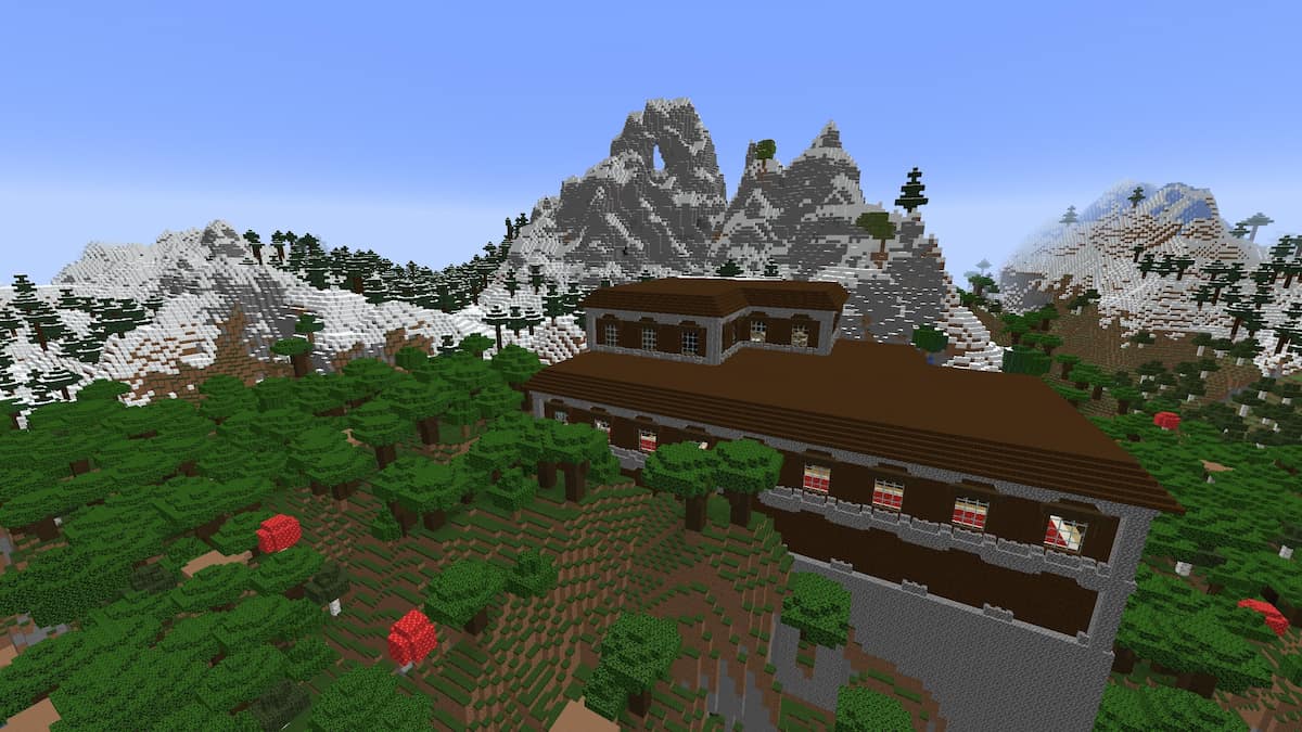 A Woodland Mansion on the side of a Stony Peaks mountain in Minecraft.