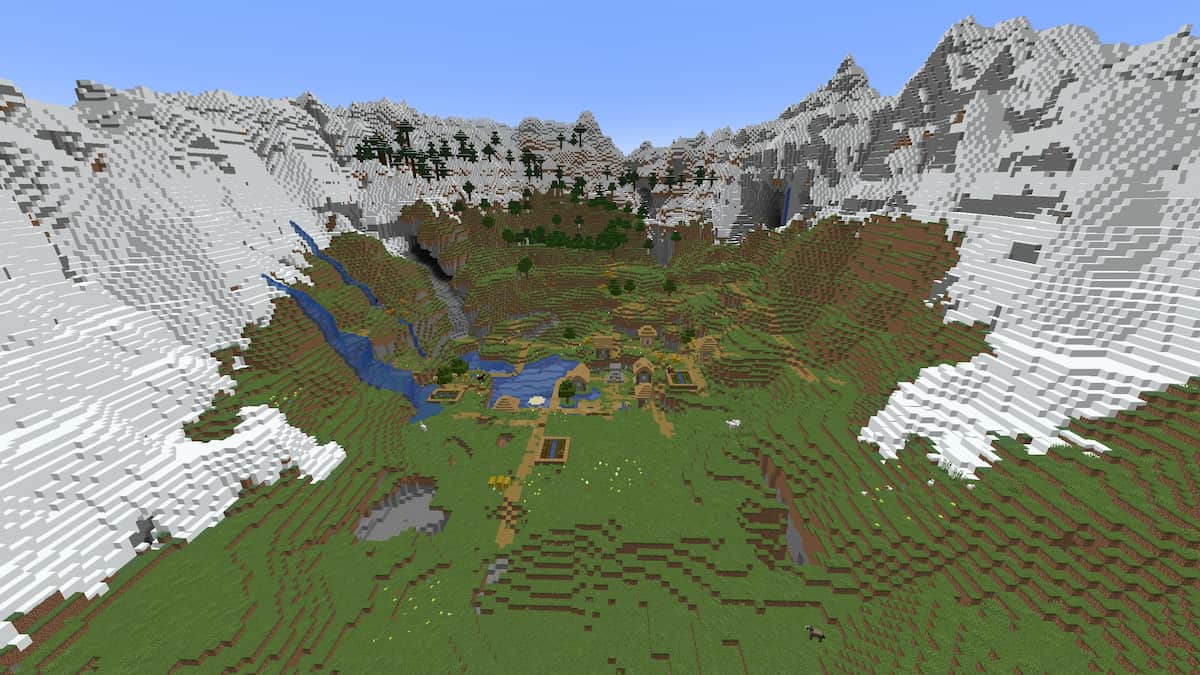 A Plains Village in the crater of a Snowy Mountain range.