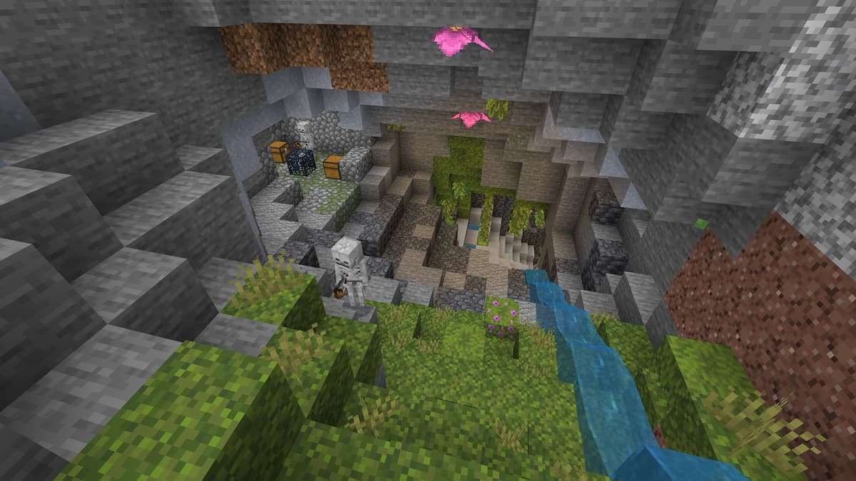 A Lush Cave with an open Skeleton Spawner.