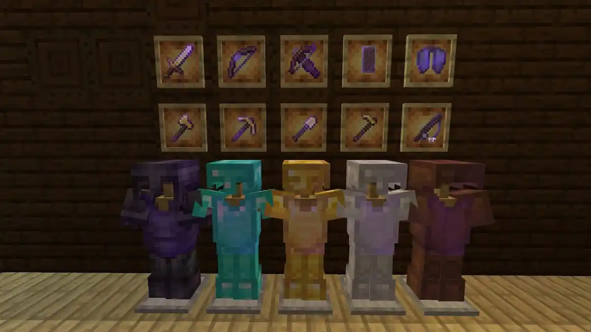 Enchanted armor, weapons, and tools on armor stands and item frames.