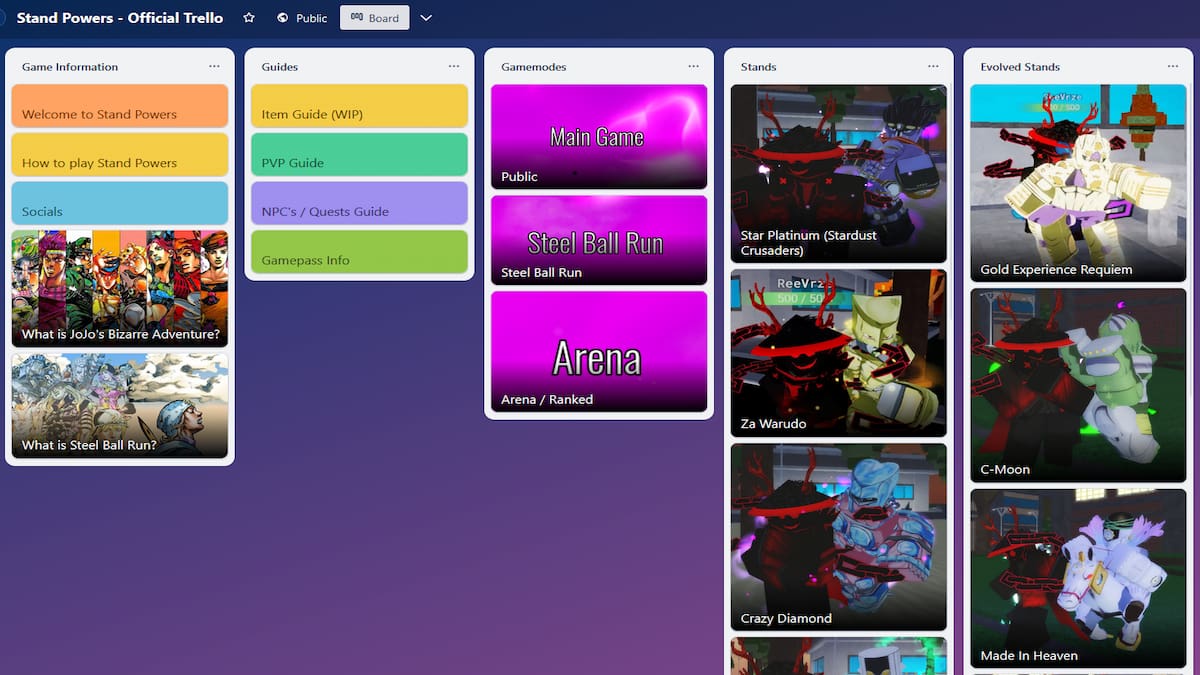 Stand Powers Trello Link Pro Game Guides