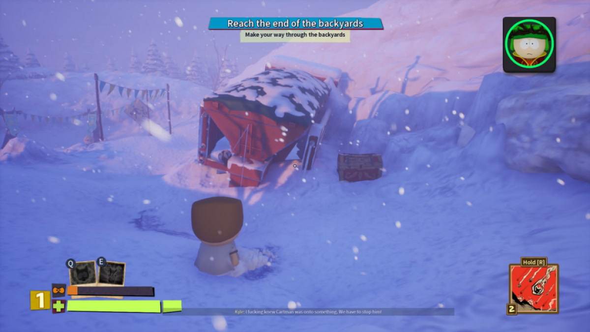 Player looking at a treasure chest behind a red truck in South Park Snow Day
