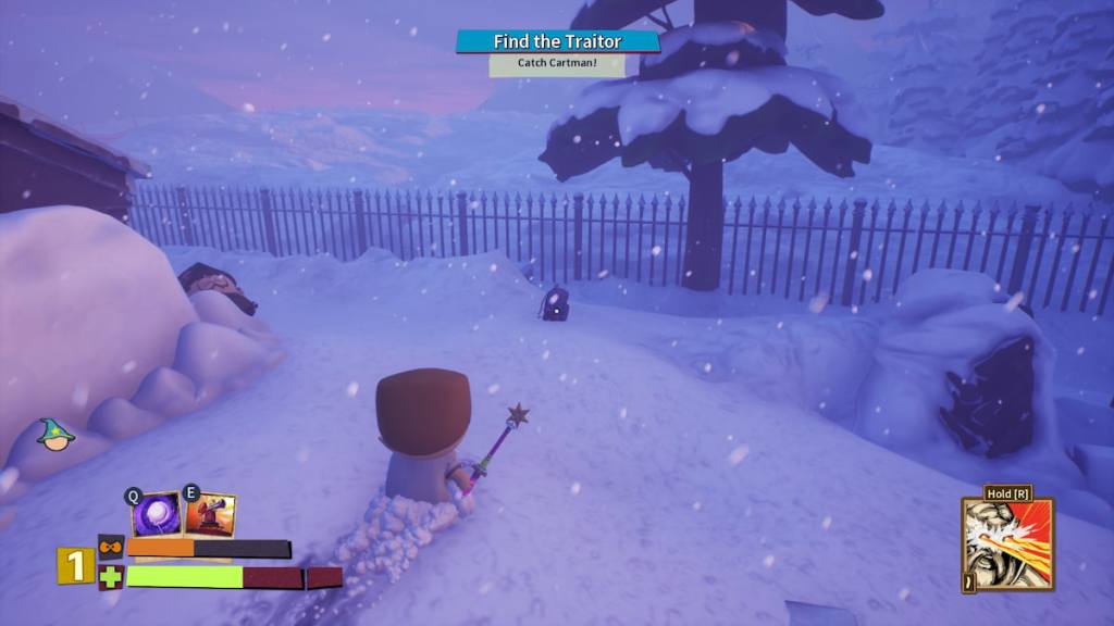 A player standing in a cemetery looking at a backpack next to a fence in South Park Snow Day