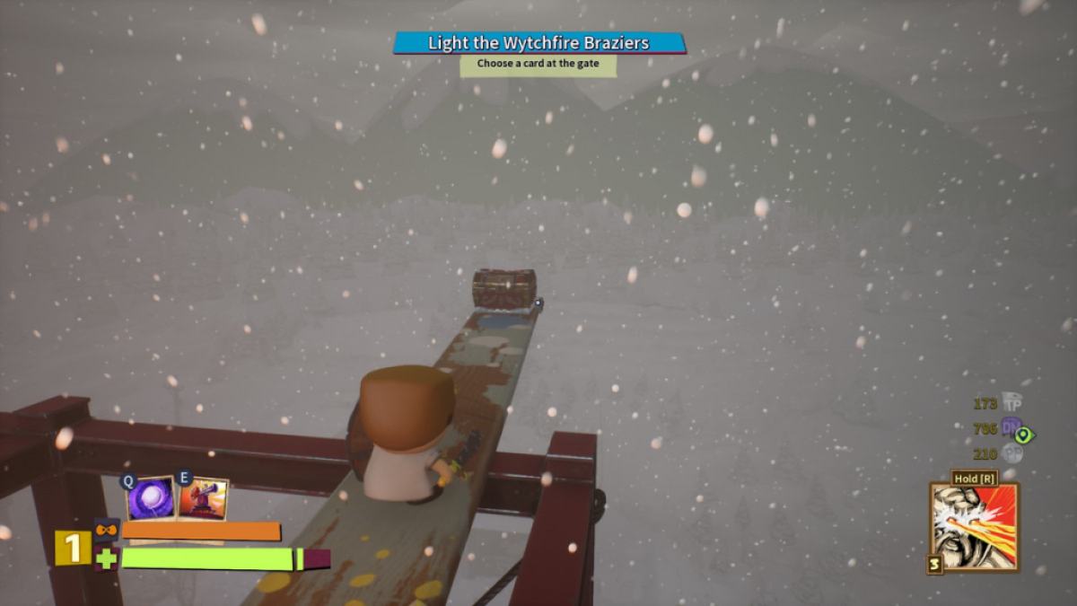 Player looking at a treasure chest at the end of a wooden plank in South Park Snow Day