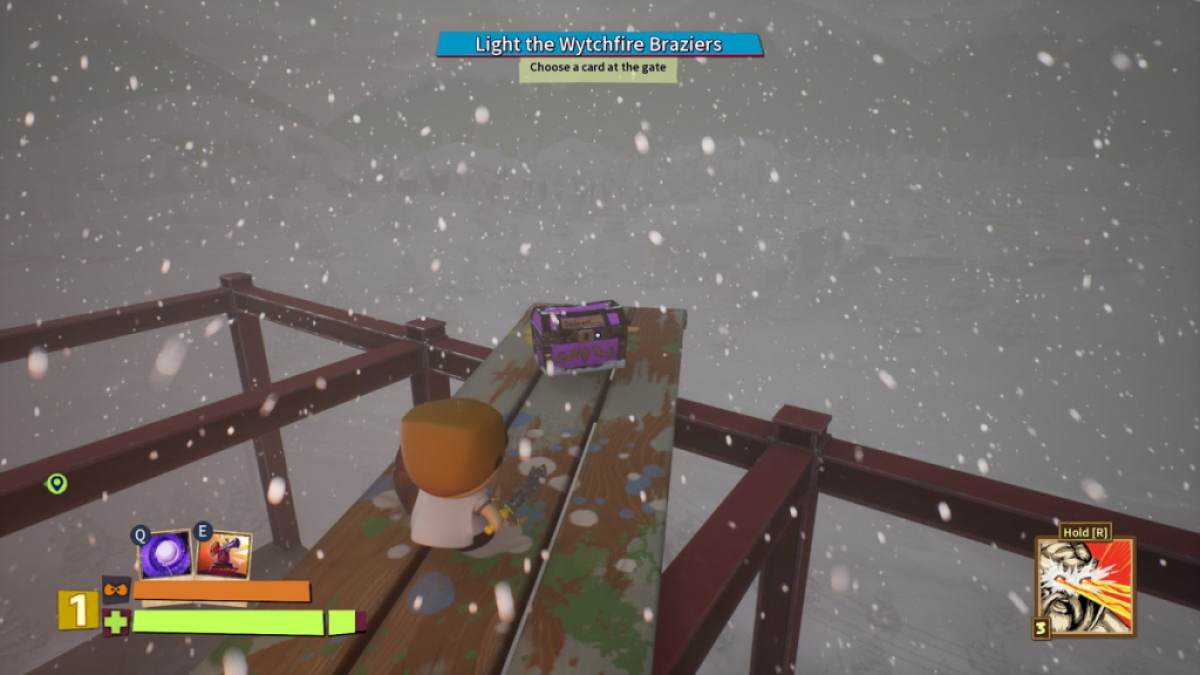 Player standing on a wooden plank looking at a treasure chest in South Park Snow Day