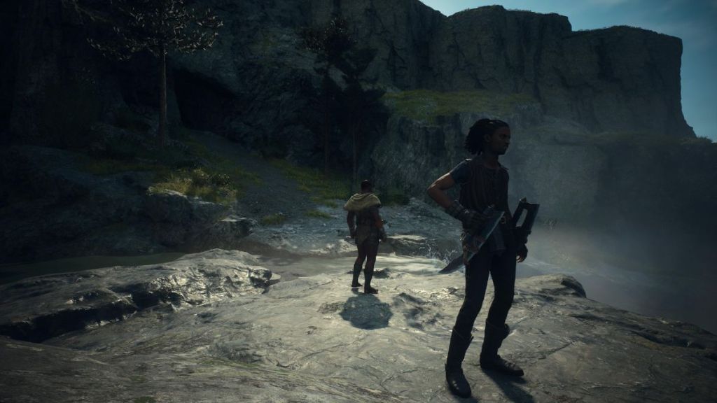 The Arisen stands near a waterfall with his Pawn