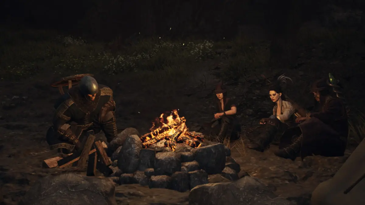 Arisen sitting around a camp fire with his pawns followers