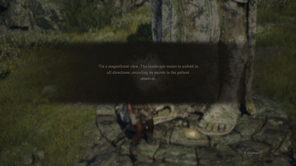 A note nestled next to a dragon statue in Dragon's Dogma 2