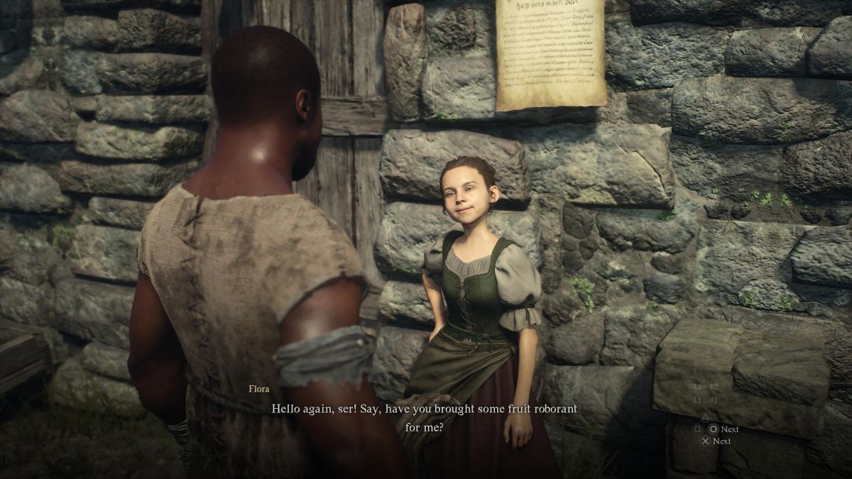 The Arisen converses with Flora outside of Runne's Apothecary in Melve