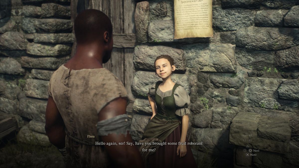 The Arisen converses with Flora outside of Runne’s Apothecary in Melve