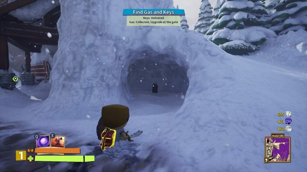 Player standing in front of a small snow tunnel looking at a backpack in South Park Snow Day