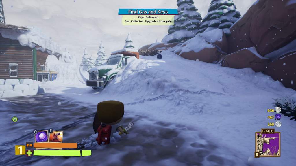 A player looking at the backpack placed at the top of a slope behind a truck in South Park Snow Day