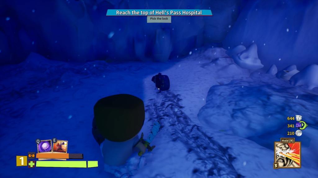 A player standing on a path leading to a backpack in South Park Snow Day