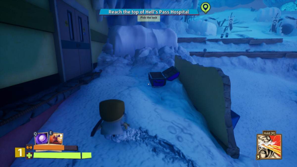 Player looking at the seventeenth treasure chest in mission five of South Park Snow Day