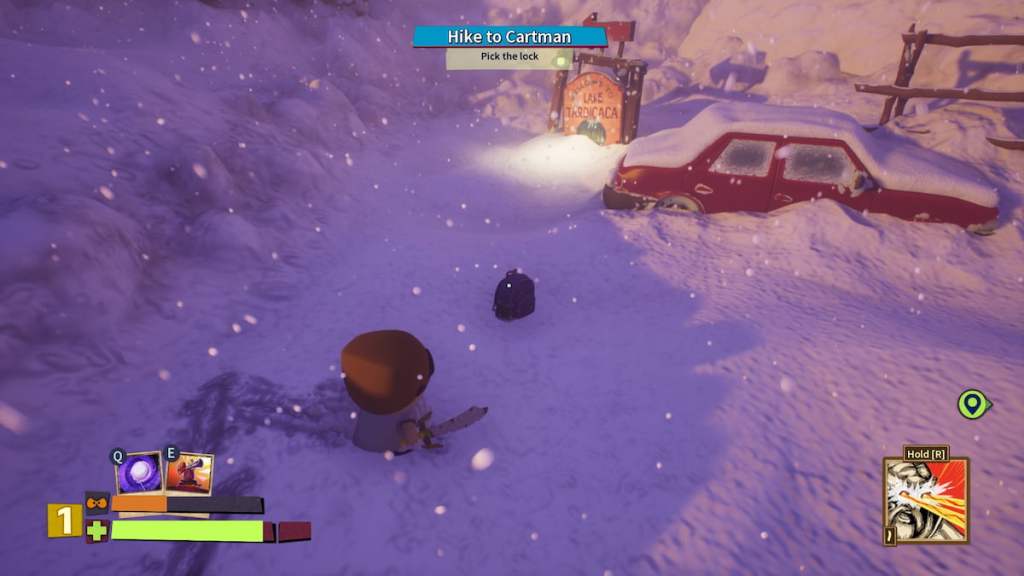 A player looking at a backpack near a snowy car in South Park Snow Day